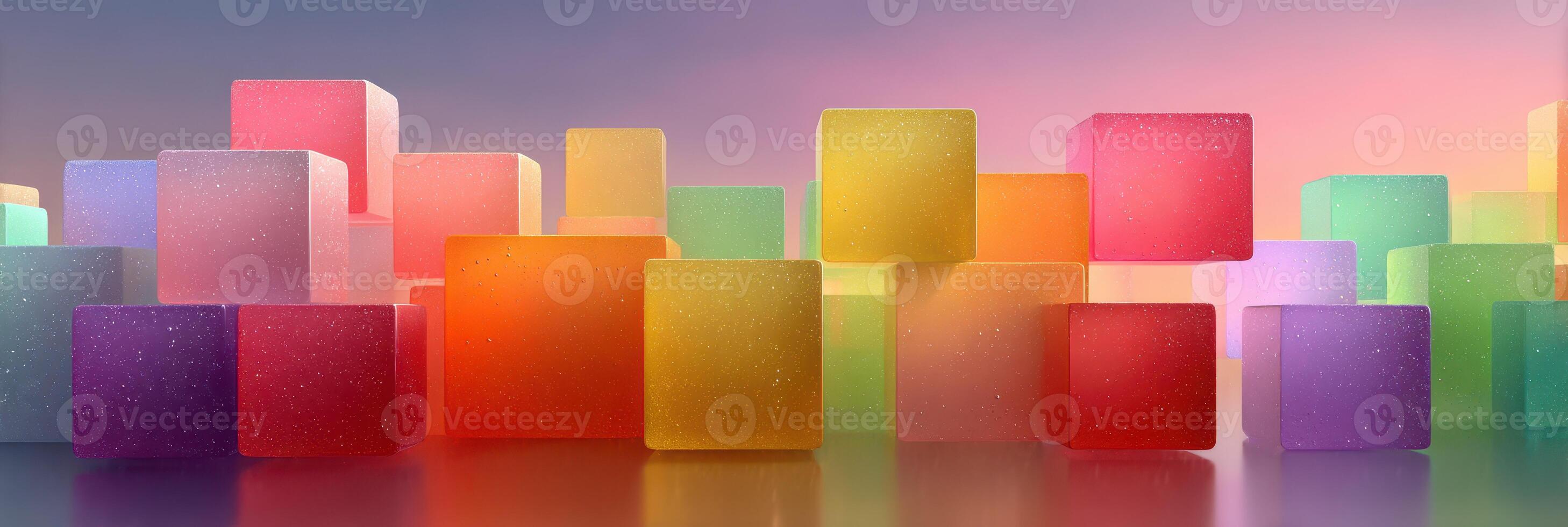 Colorful translucent cubes arranged in an artistic display with a soft gradient background during golden hour photo