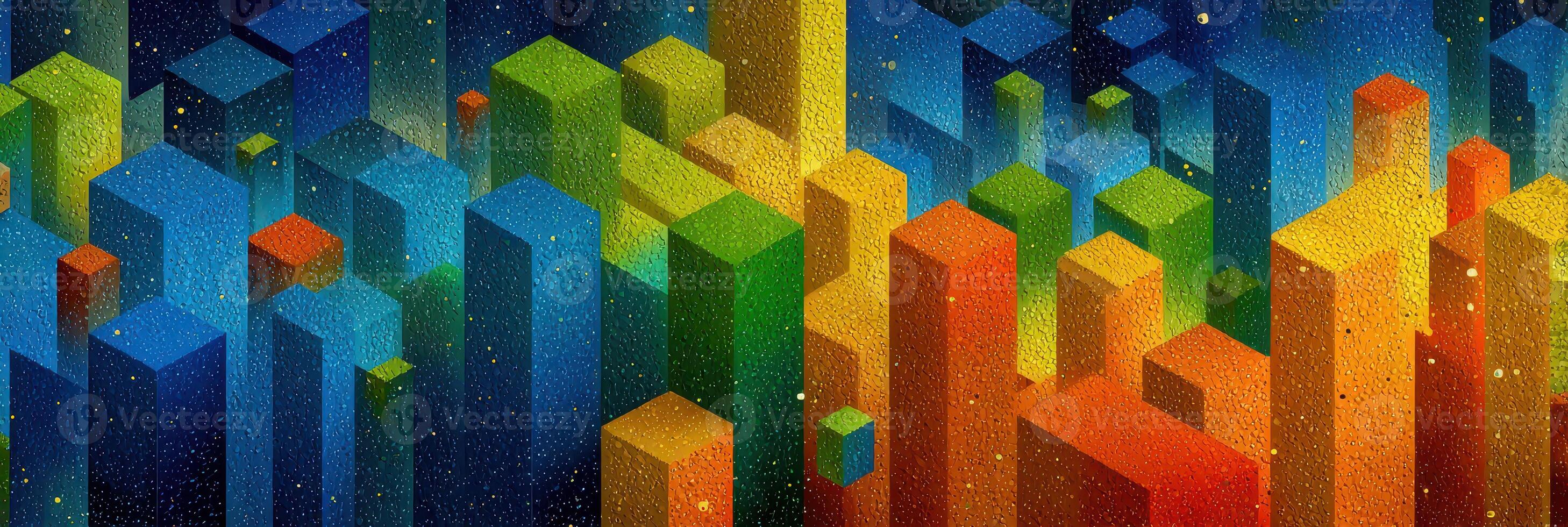 Vibrant abstract cityscape with colorful geometric shapes and patterns against a blue background photo