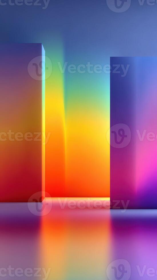 Bright geometric shapes create a colorful gradient background in a modern studio space photo