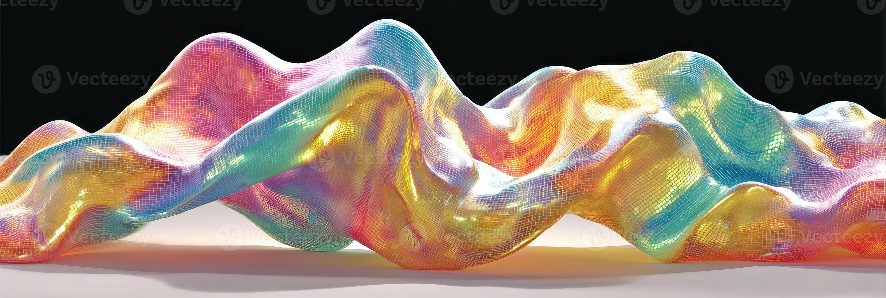 Colorful abstract wave sculpture with luminous and flowing patterns created from mesh material photo