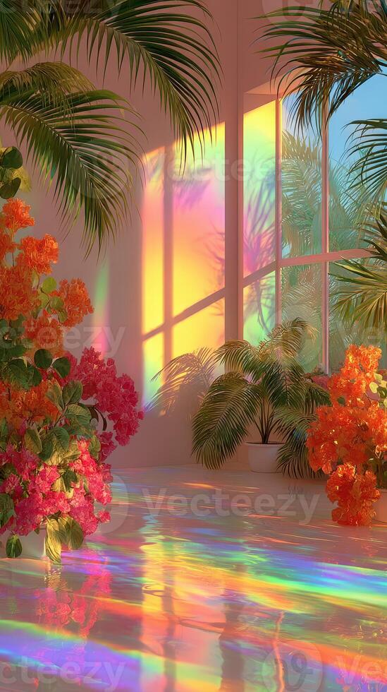 Colorful reflections and vibrant flowers create a dreamy atmosphere in a sunlit room photo
