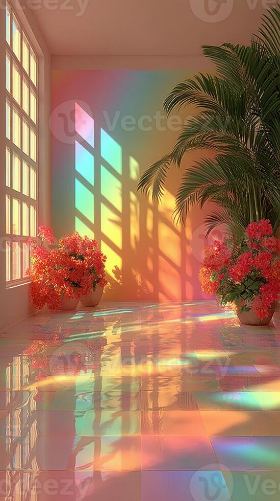 Bright colored light patterns create a serene atmosphere with flower pots in a sunlit room photo