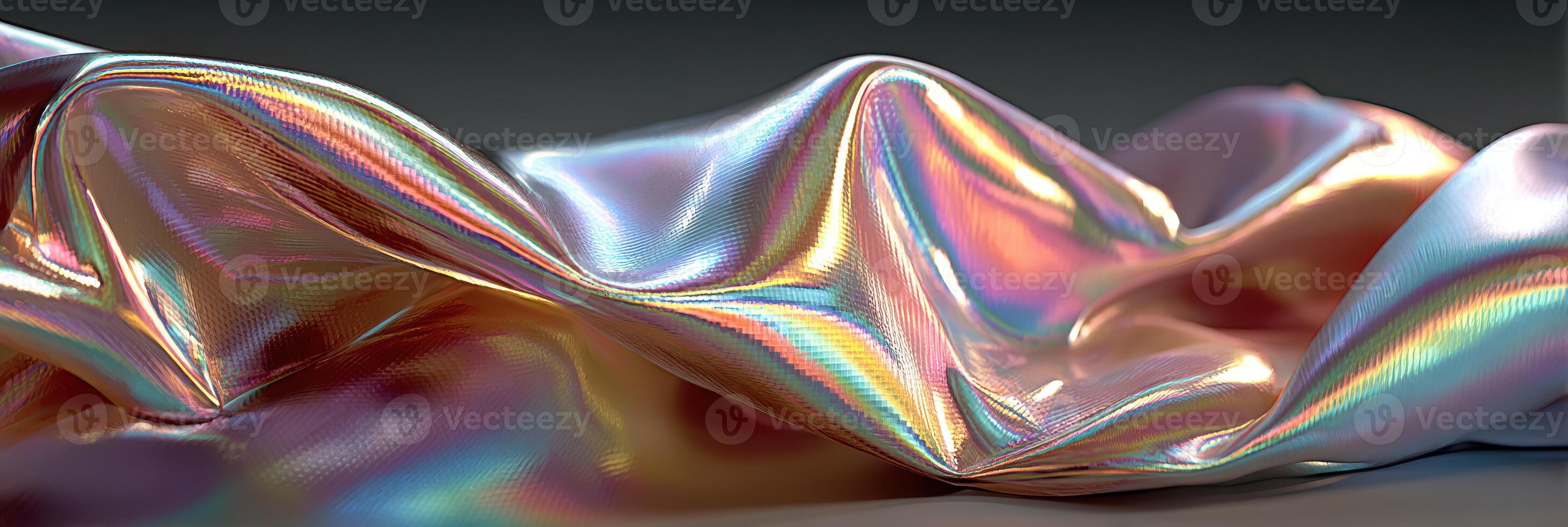 Fabric displaying iridescent colors in intricate folds under soft lighting on textured surface photo
