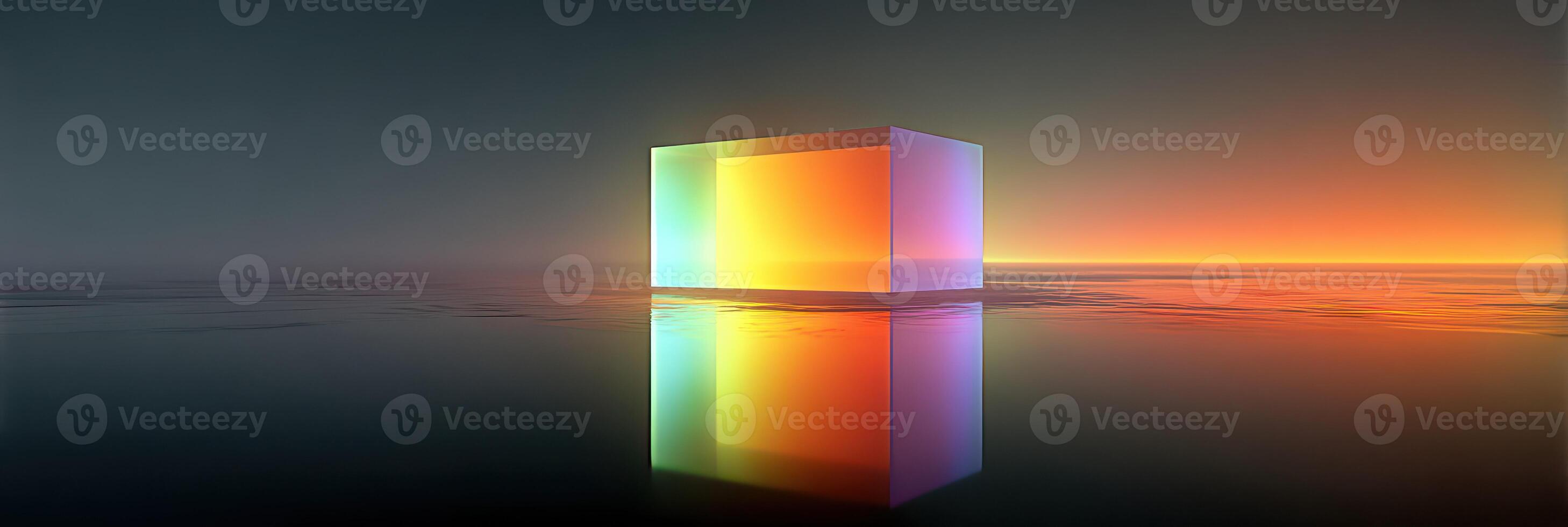 Cubic structure reflects vibrant colors on a serene water surface during sunset near a calm horizon photo
