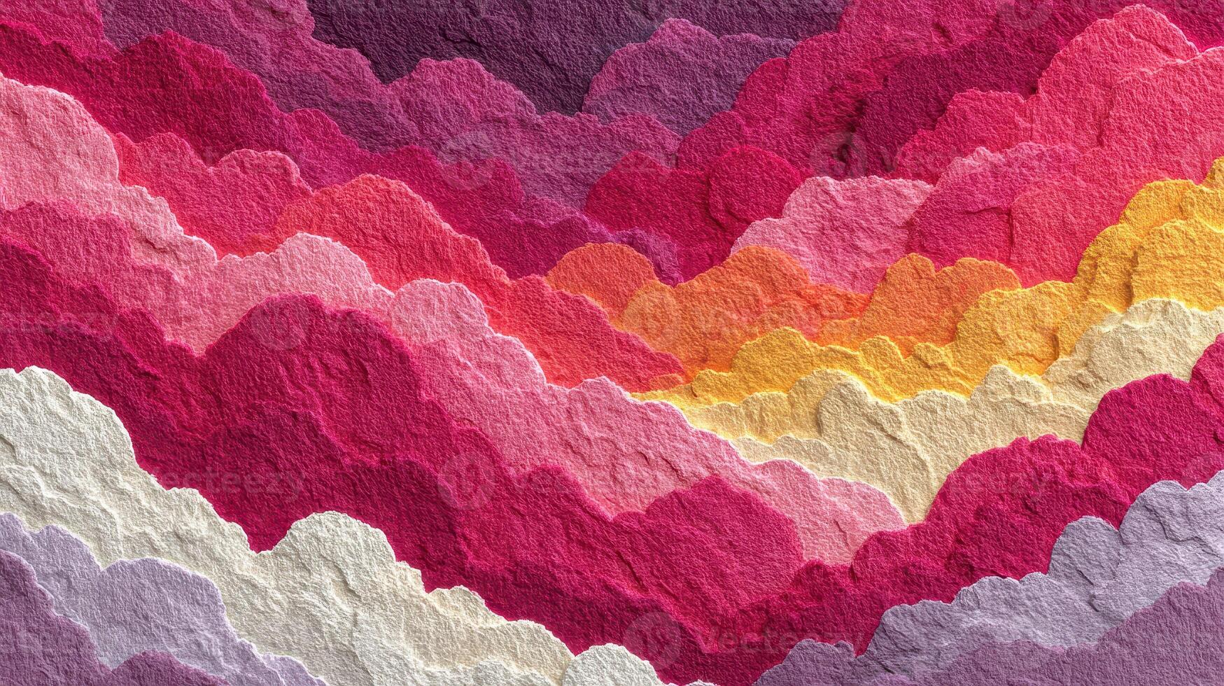 Colorful abstract landscape with layered clouds representing sunset in vibrant shades of red, pink, yellow, and white photo