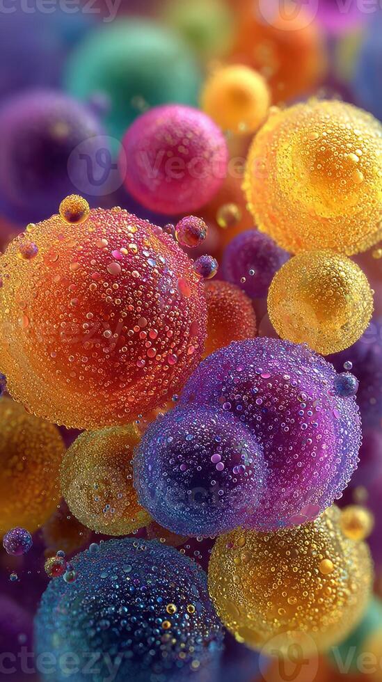 Colorful bubbles with droplets floating in a dreamy background filled with vibrant hues and shapes at a close distance photo