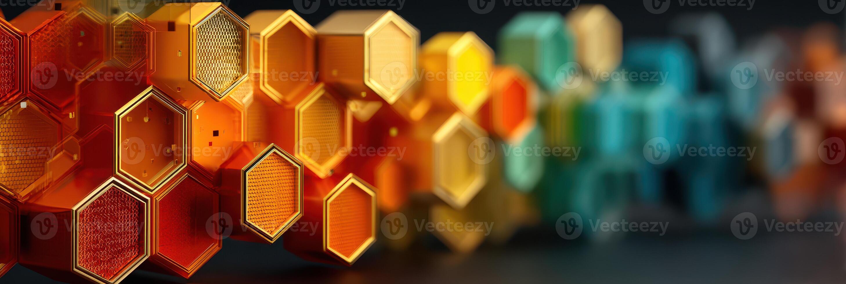 Colorful hexagonal patterns create a modern design in a vibrant display of orange and teal hues photo