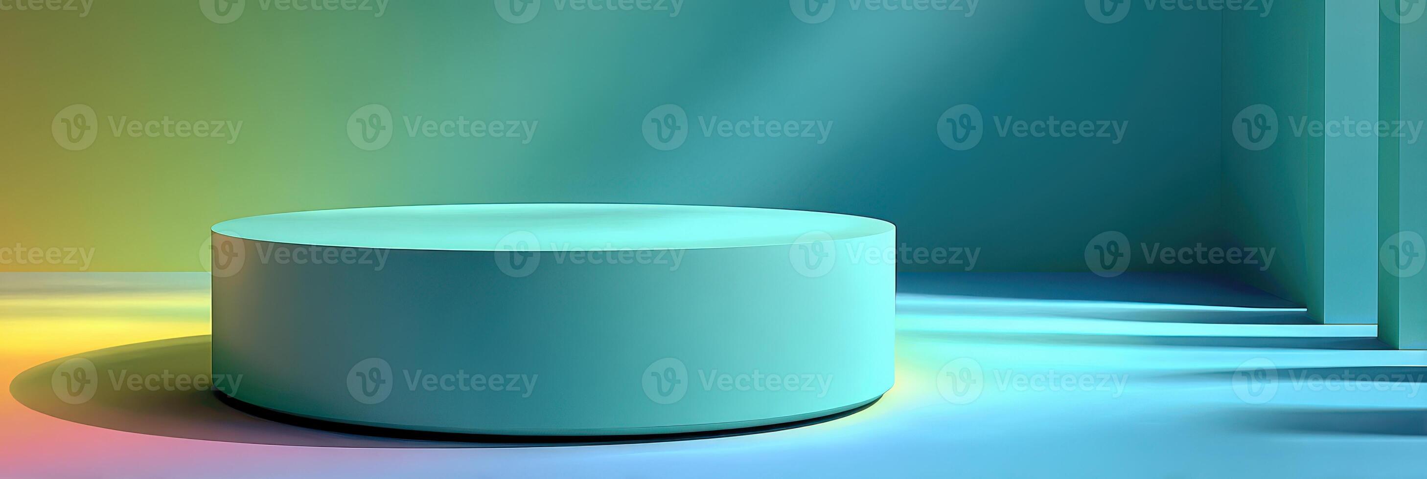 Brightly colored circular stage in a modern interior space with soft shadows and light reflections photo