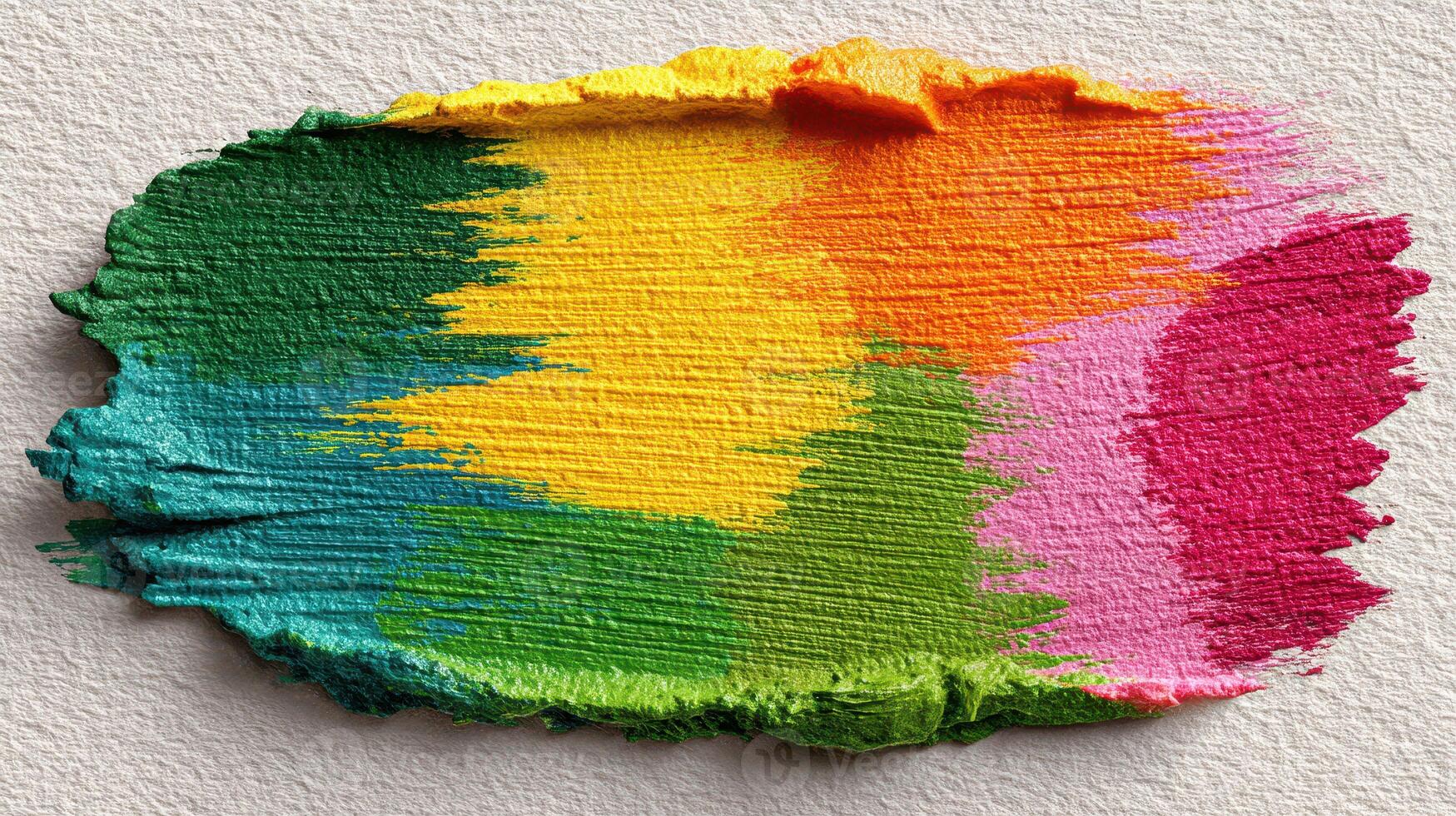 Colorful acrylic paint swatch showcasing vibrant green, yellow, orange, pink, and blue tones on textured paper photo