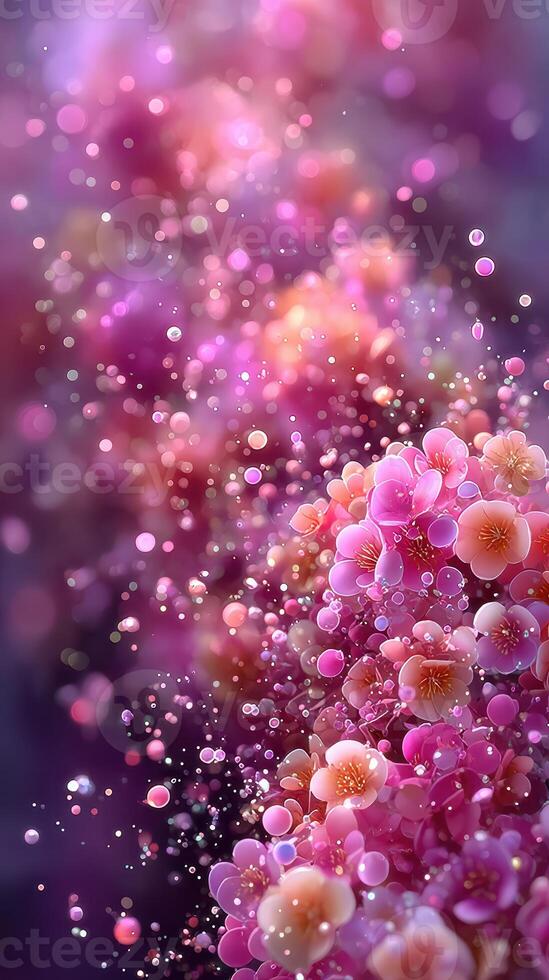Vibrant pink blossoms with shimmering bubbles create a dreamy atmosphere in a garden setting photo