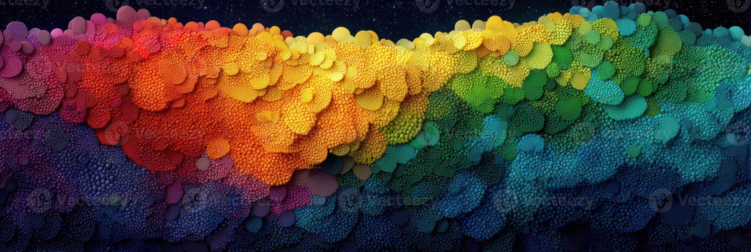 Vibrant abstract texture showcasing a rainbow gradient with layered circular patterns under a dark sky photo