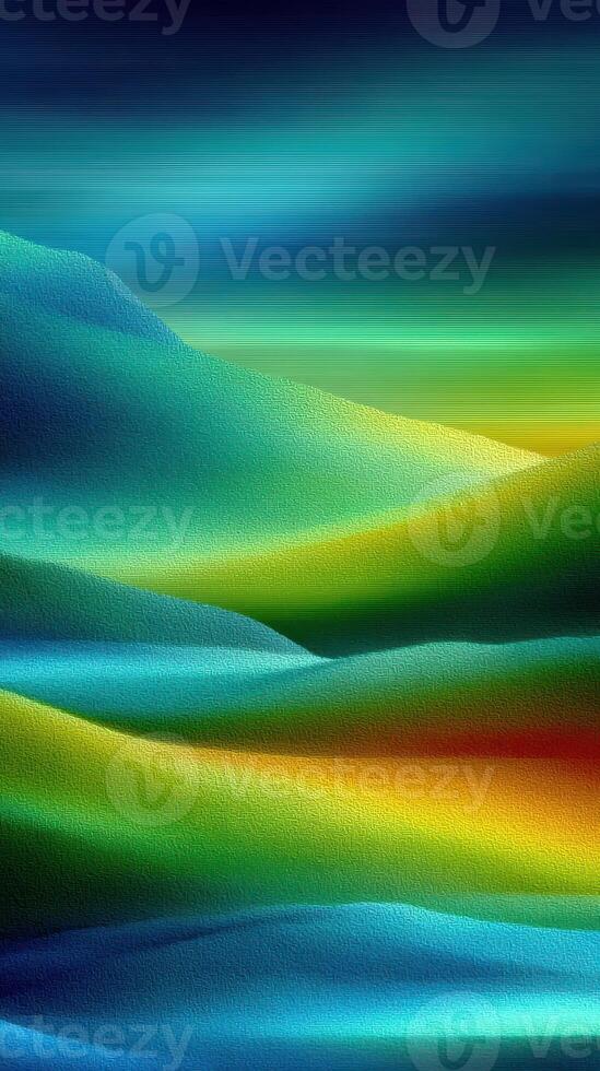 Vibrant abstract landscape depicting rolling hills under a colorful sky at twilight photo