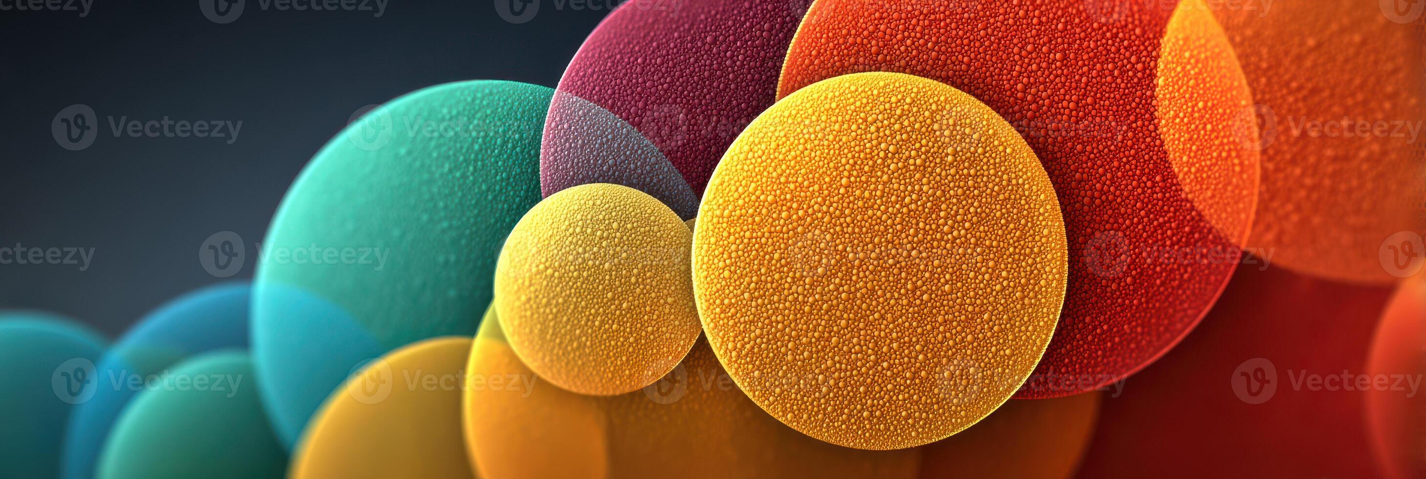 Vibrant abstract design featuring colorful spheres with a textured surface against a dark background photo