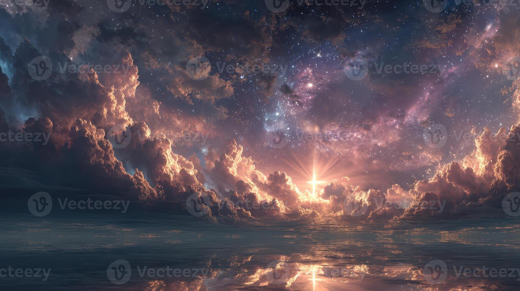 Radiant sunset illuminating clouds over calm ocean waters at twilight photo