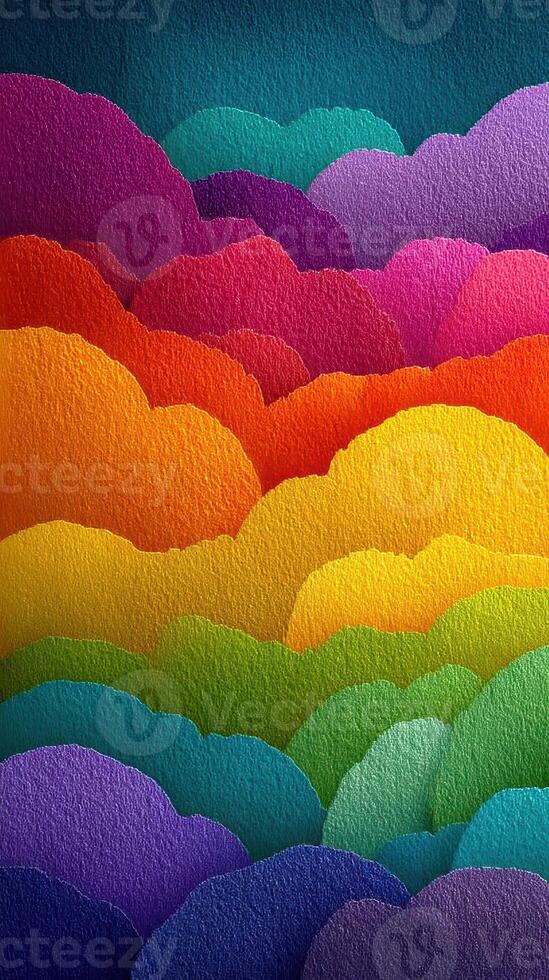 Colorful abstract landscape with layered clouds in vibrant hues of orange, purple, and green against a dark blue sky photo
