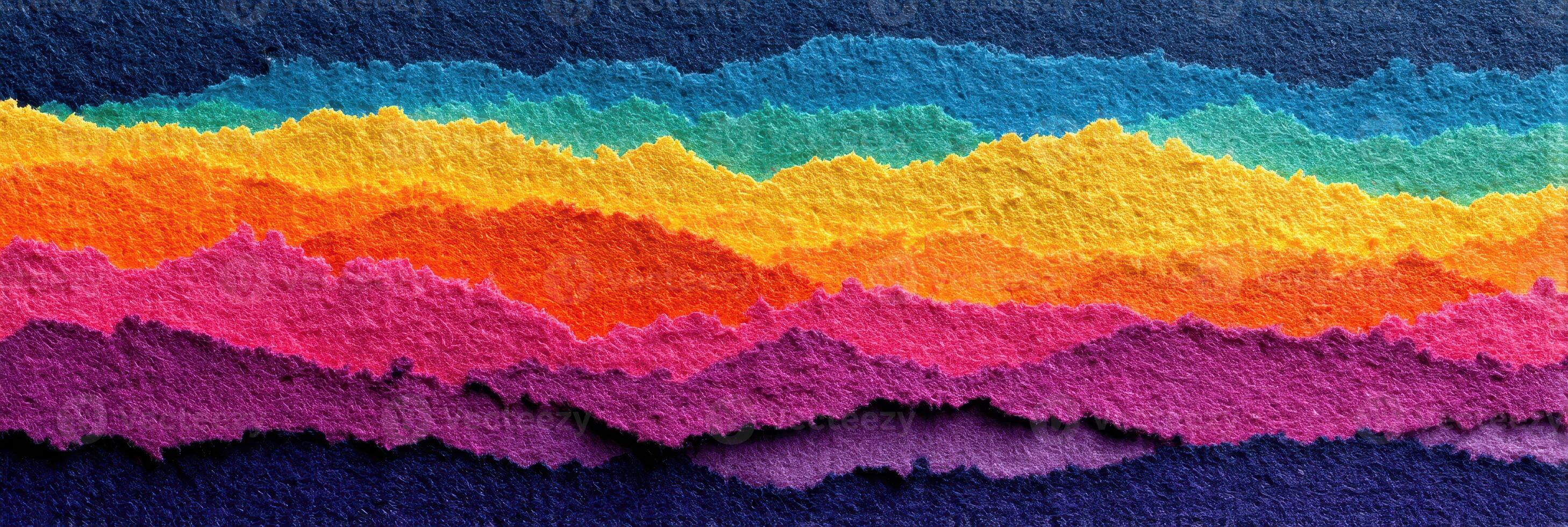 Colorful layers of torn paper create a vibrant abstract landscape against a dark background photo