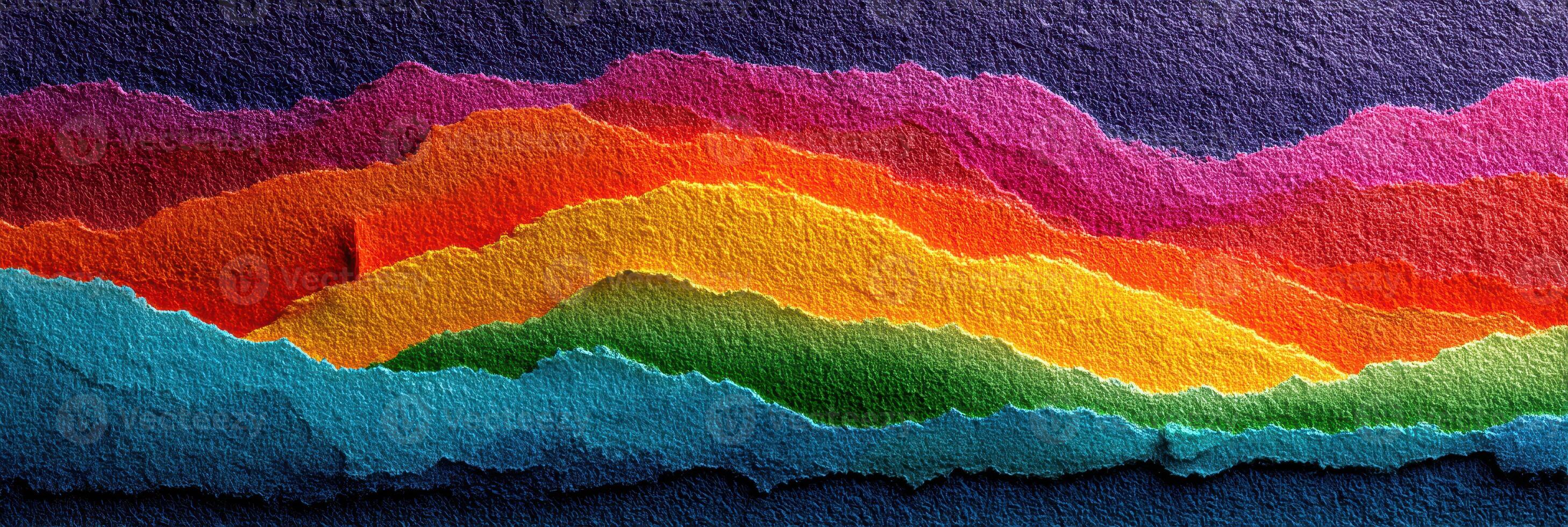 Vibrant layers of torn paper create a colorful abstract landscape at sunset photo