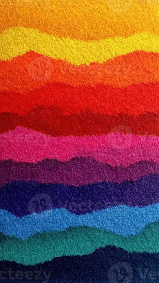 Bright layers of colored paper create a vibrant abstract landscape with waves of various hues in a gradient style photo