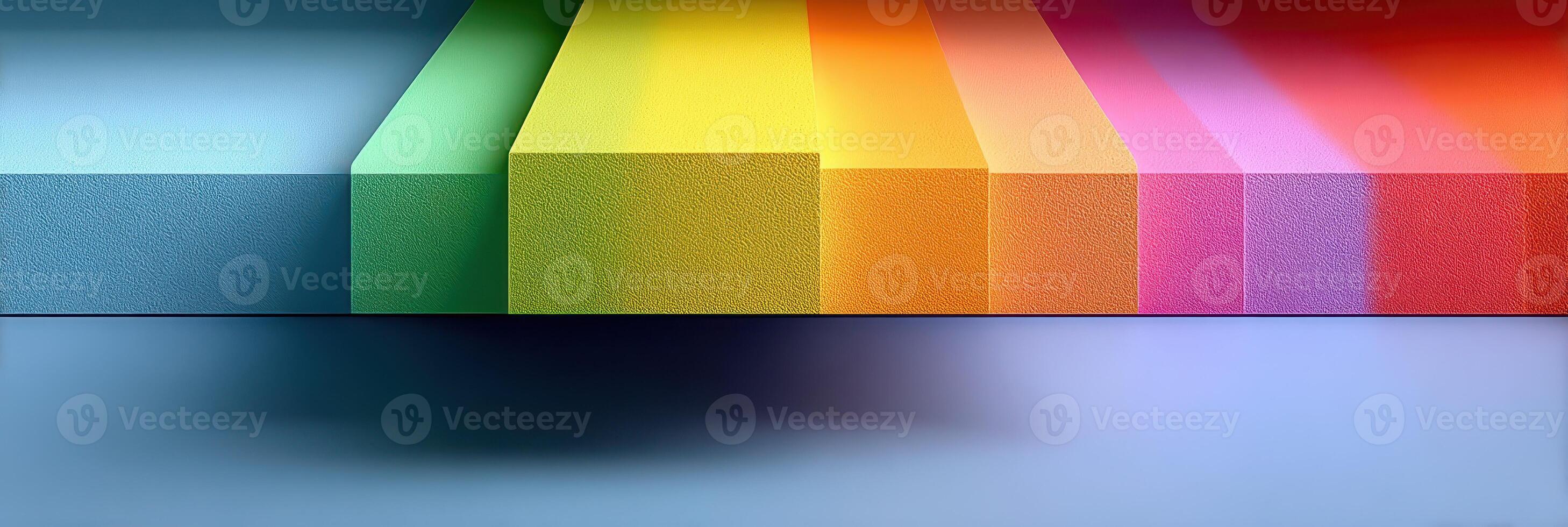 Vibrant colored foam blocks aligned in a modern artistic arrangement in a minimalist indoor space photo
