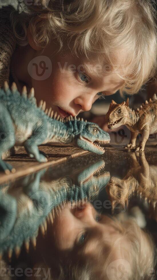 Child plays with dinosaur figures alongside reflections on a shiny surface in a cozy indoor setting during daytime photo