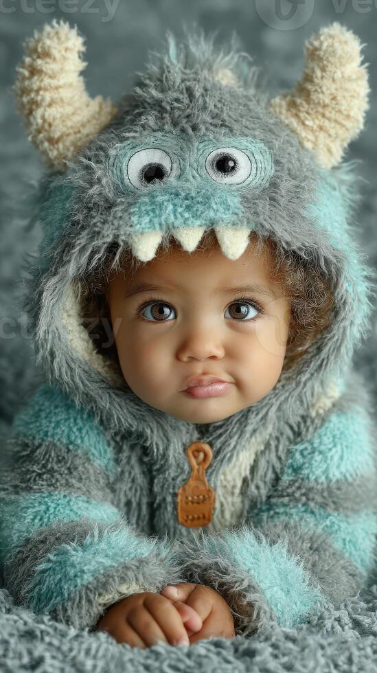 Cute baby dressed in fluffy monster costume smiling at the camera in a cozy setting with soft textures in warm light photo