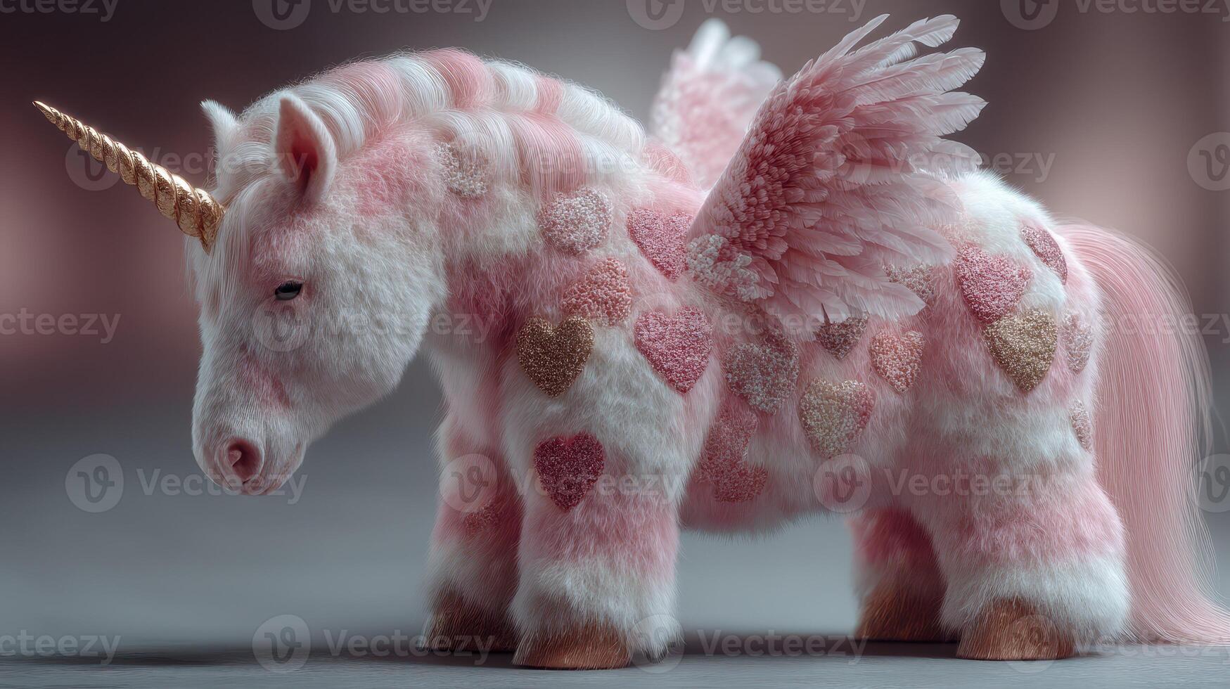 Whimsical pink unicorn with wings and heart patterns in a dreamy setting at twilight photo