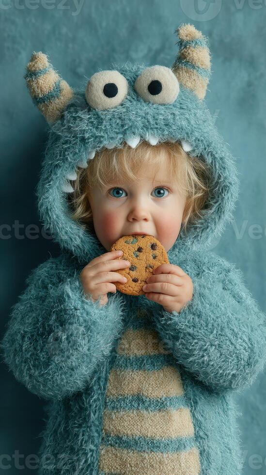 Child in a fuzzy monster costume enjoying a chocolate chip cookie against a blue background photo