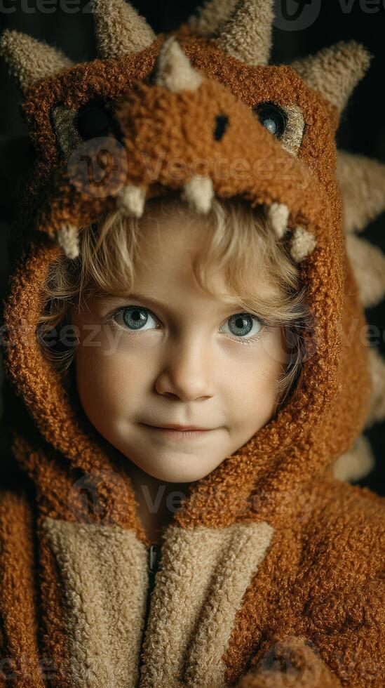 Child wearing a cozy dinosaur hoodie with an intense gaze in a dimly lit room photo