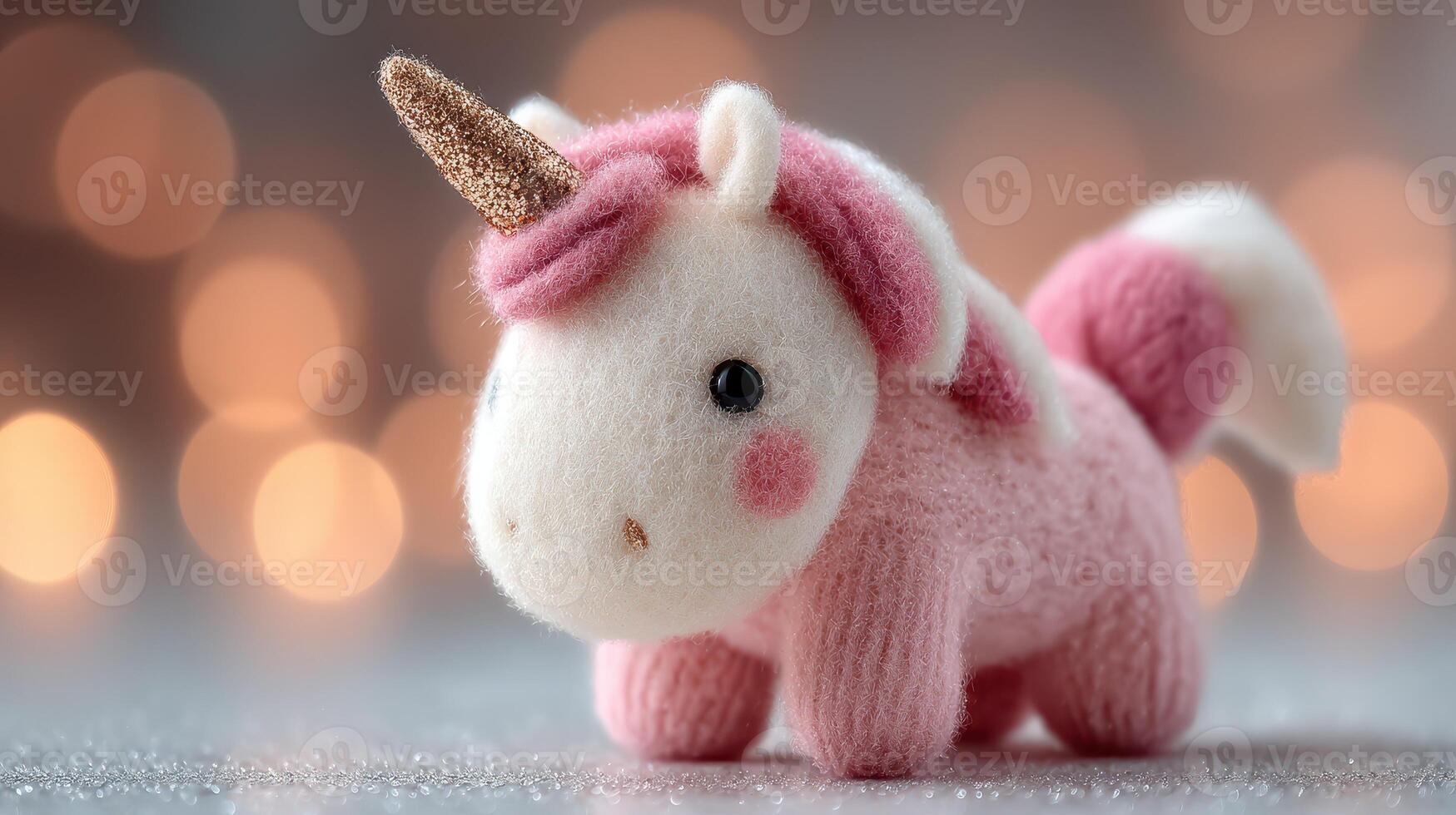 Soft pink unicorn toy rests on a shiny surface with a blurred festive background of lights during winter season photo