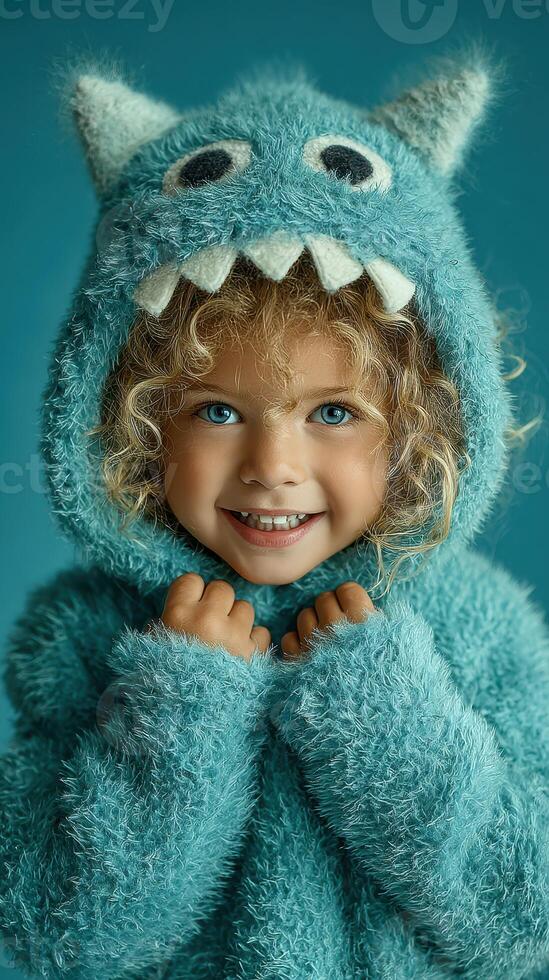 Child in a fluffy monster outfit smiles brightly against a blue background during a playful moment photo