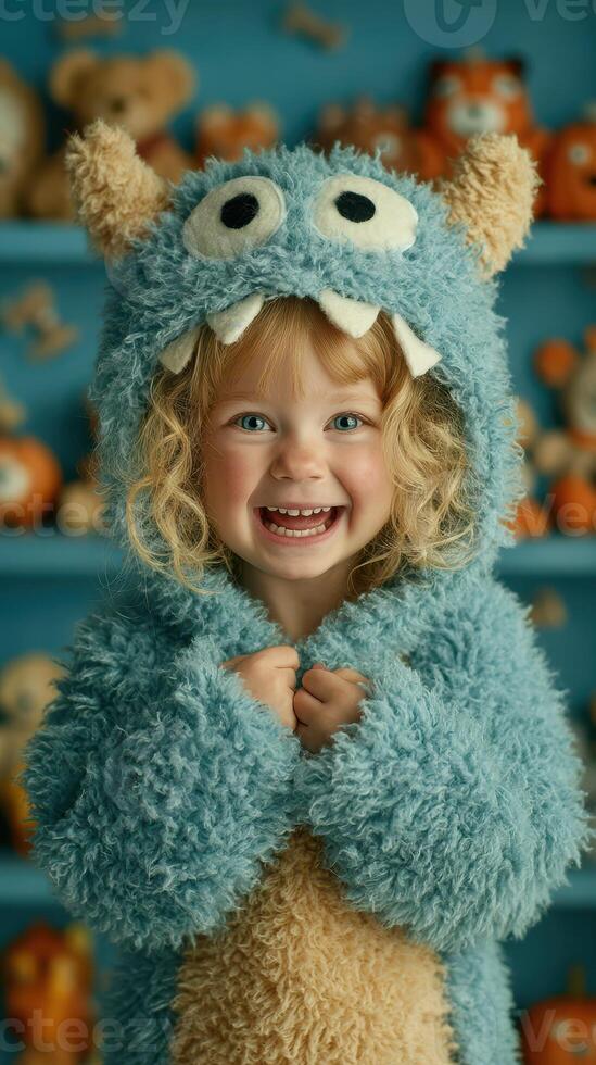 Child dressed in a furry blue monster costume smiles joyfully in a colorful playroom filled with plush toys photo