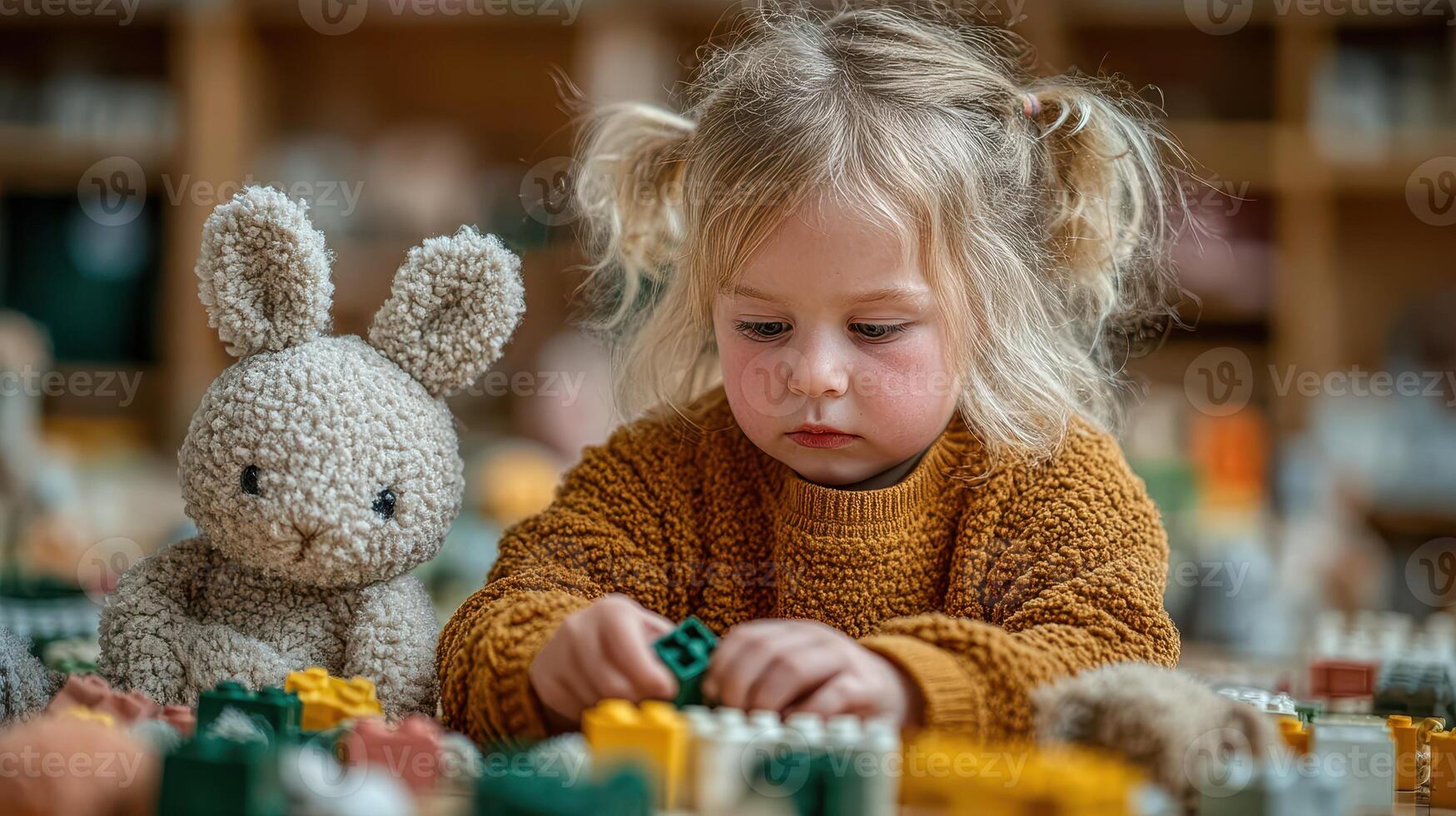 Young child focused on building with colorful blocks alongside a plush bunny in a cozy indoor play area photo