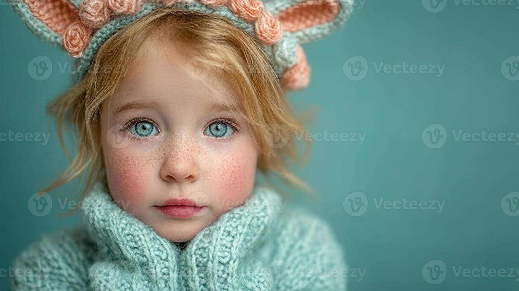 Young child wearing a cozy knitted sweater and hat with animal ears poses against a blue background in a playful mood photo