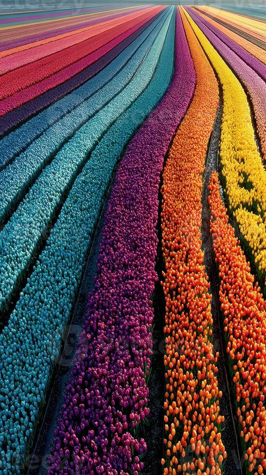 Colorful rows of blooming tulips stretch across the landscape during spring photo