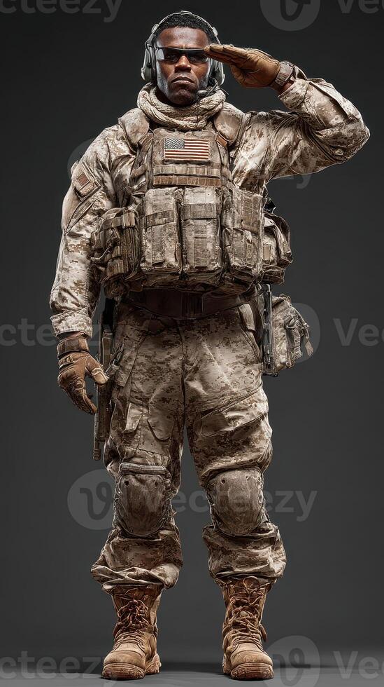 Soldier in military gear saluting with pride against a solid background during a ceremonial moment photo