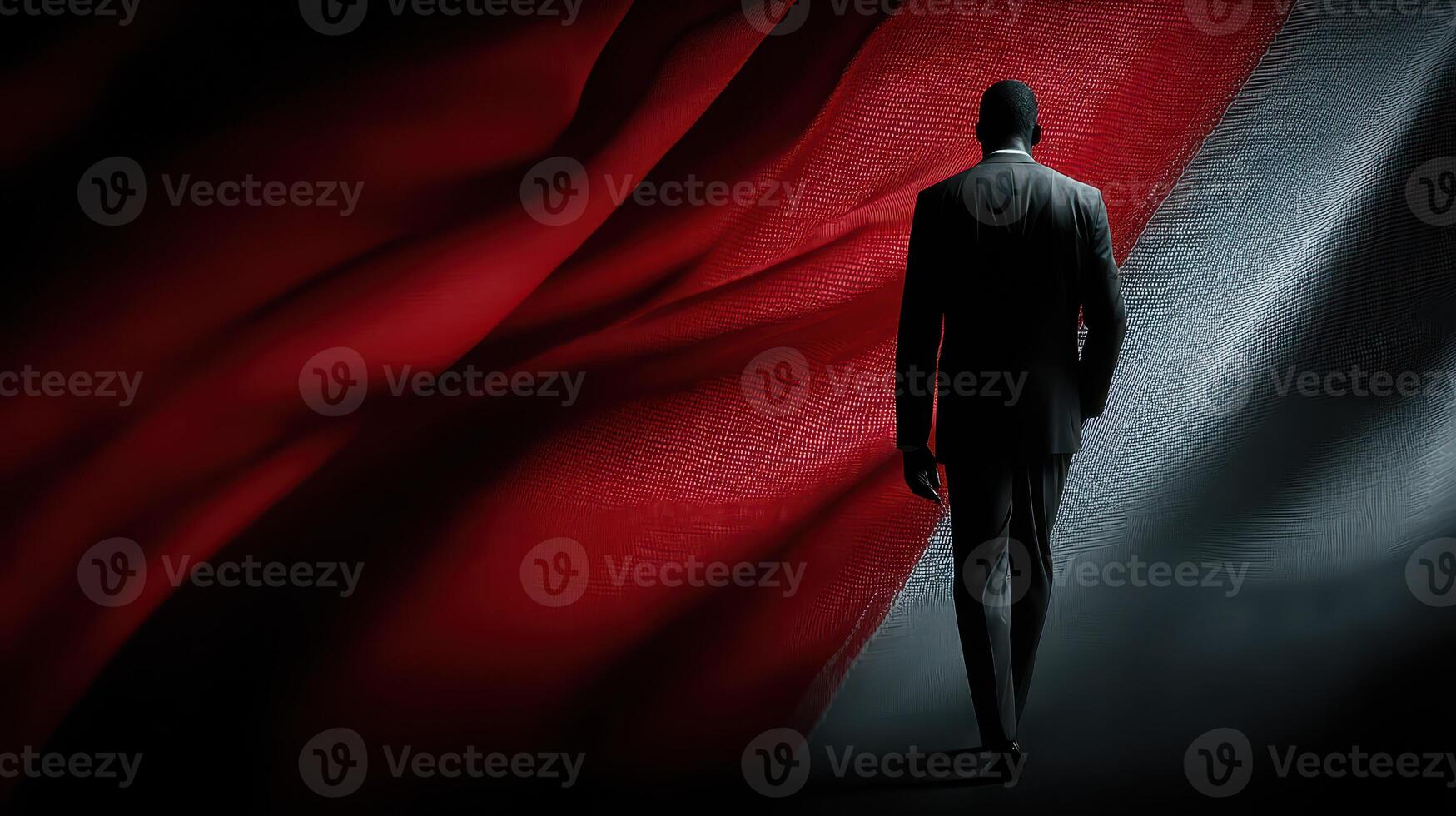 Man in suit walking toward large flag backdrop while shadows create a dramatic atmosphere photo
