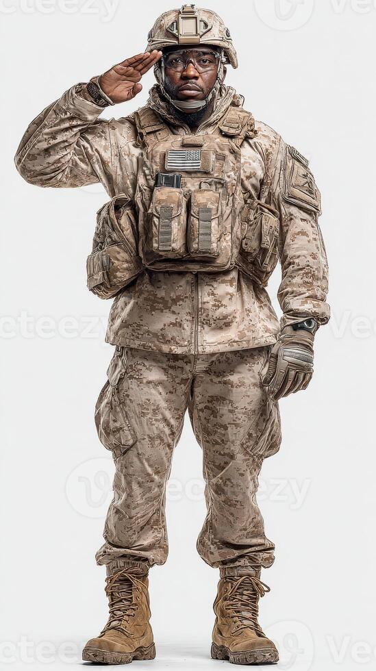 Military personnel saluting in tactical gear during daytime training exercise in a desert environment photo