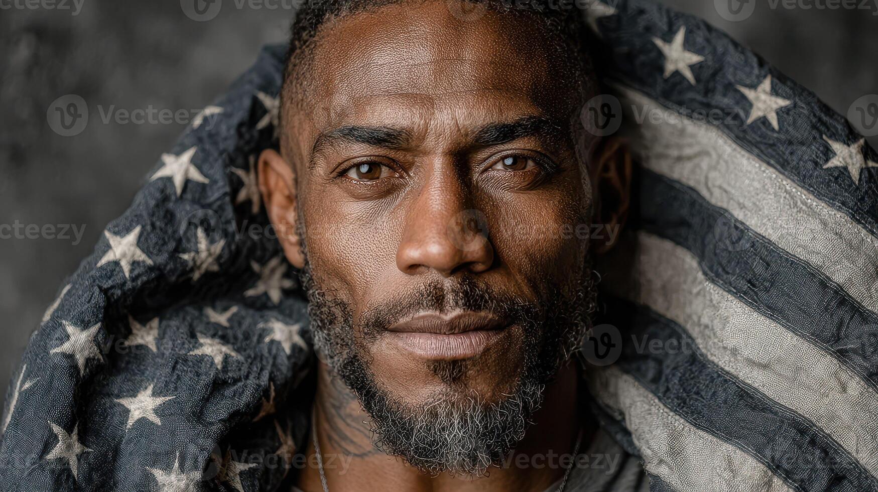 Portrait of a man wrapped in an American flag showcasing pride and strength in a studio setting photo