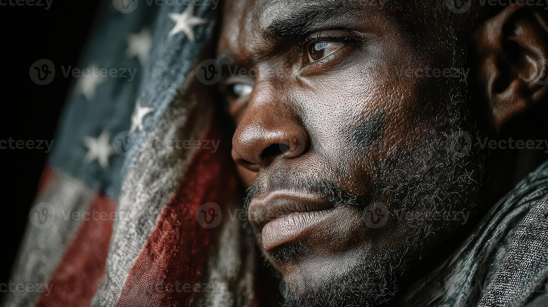 Emotional portrait of a man expressing pride and reflection against an American flag backdrop photo