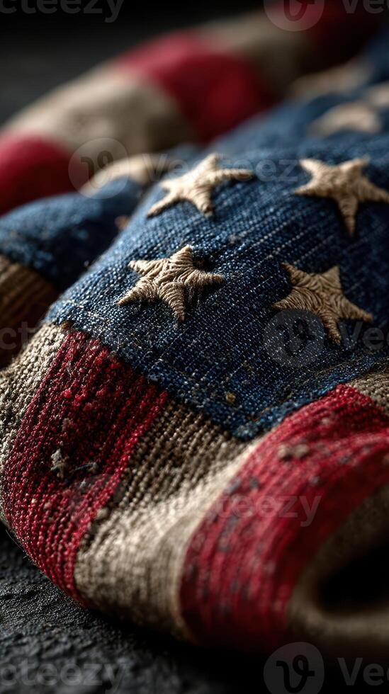 Worn fabric of an American flag with stars and stripes showcasing vibrant colors and texture in soft light photo
