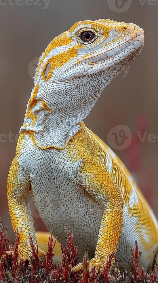 Colorful lizard basking in warm sunlight with vibrant flora in the background at an outdoor setting photo