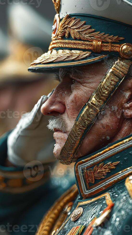 Military officer saluting during a rainy parade with details of elaborate uniform and historical insignia photo