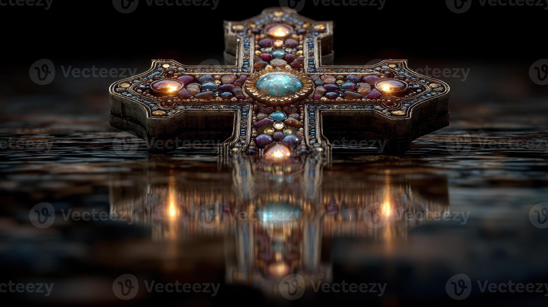 Intricate decorative cross lying on a reflective surface with brilliant gemstones, captured in low light settings photo
