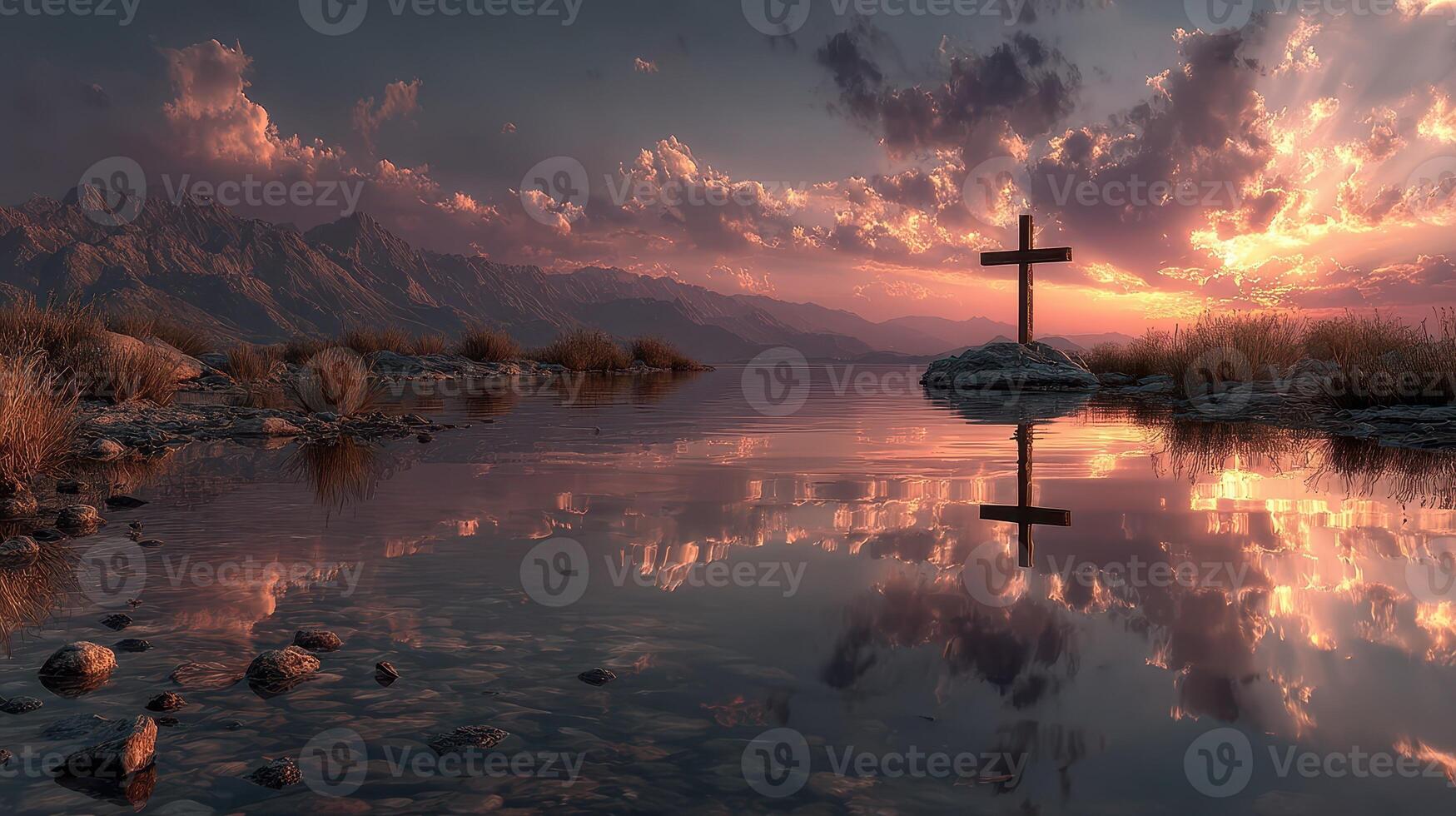 Serene sunset reflection with a cross by a tranquil body of water in a mountainous landscape photo