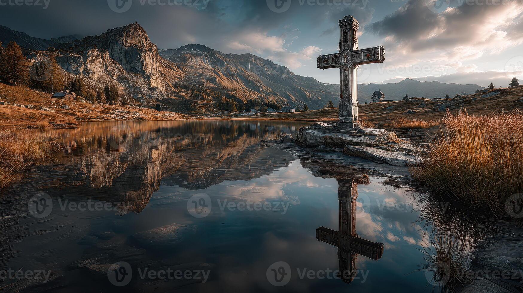 Scenic landscape with a cross by a tranquil lake surrounded by mountains during golden hour photo