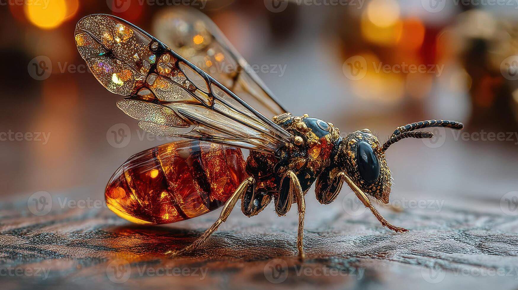 Detailed close-up of an insect with amber-like features in a natural setting displaying intricate textures and colors photo