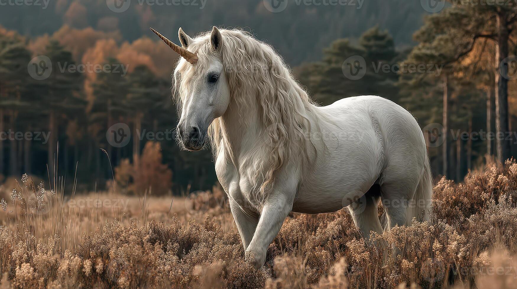 Magical unicorn wandering through a tranquil forest meadow during autumn's golden hour photo