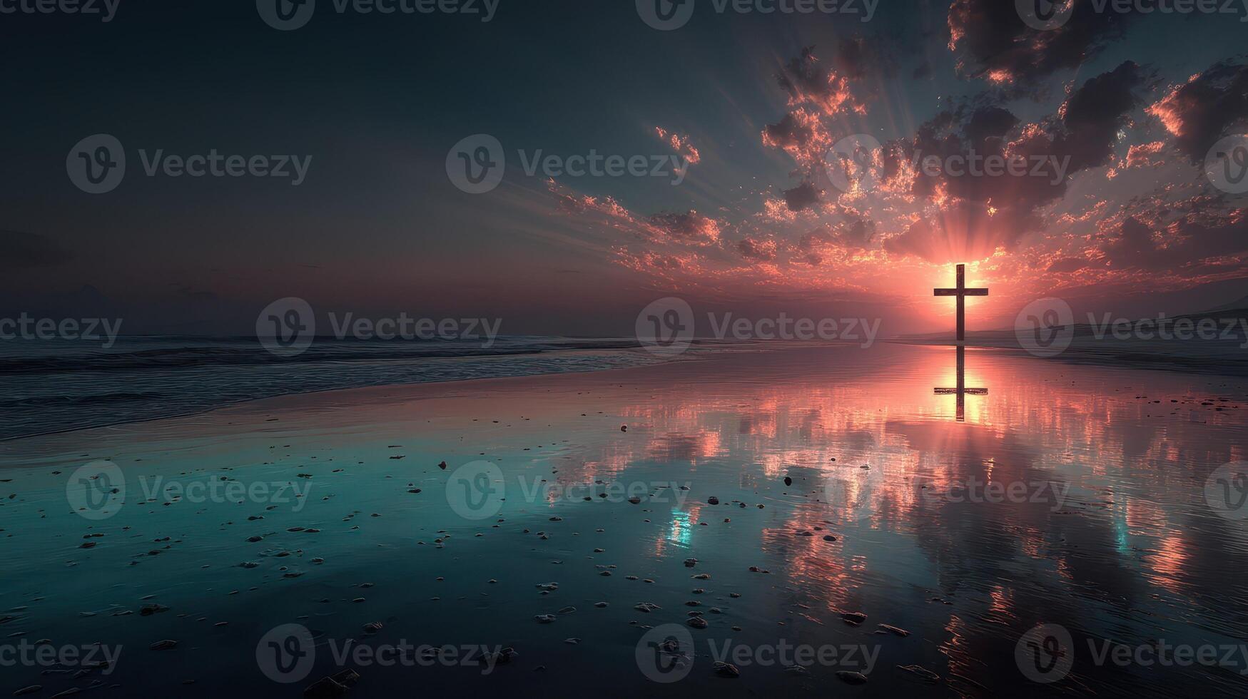 Cross reflecting on a peaceful beach during a stunning sunset with colorful clouds and calm waters photo