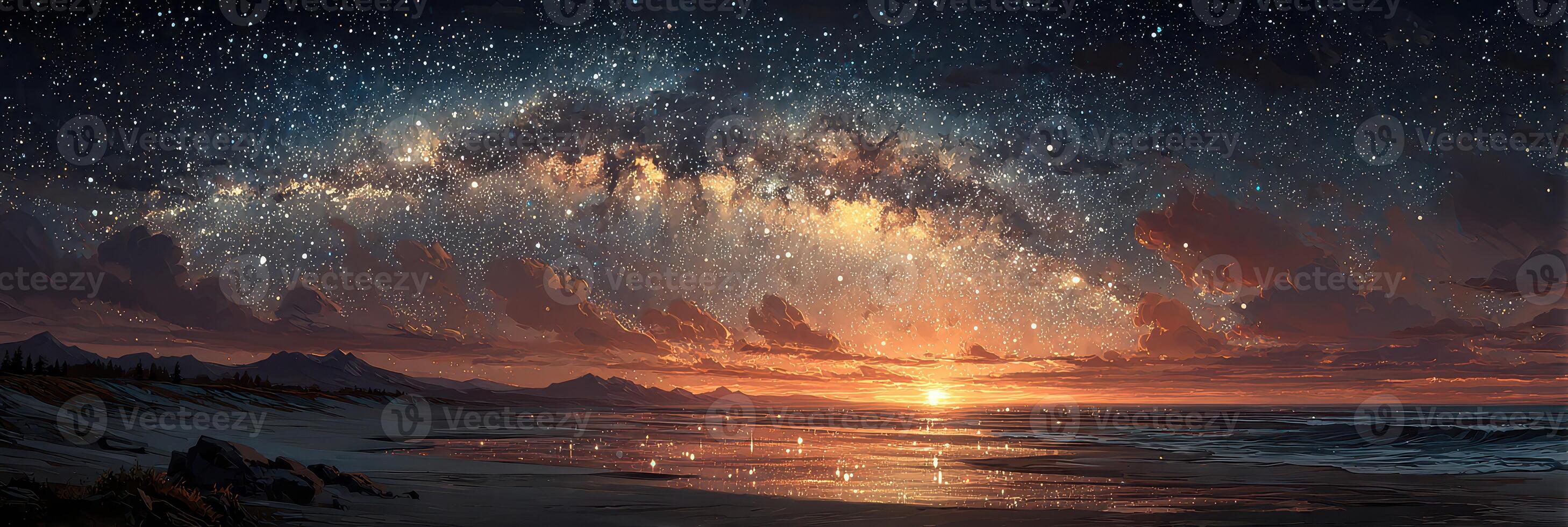 Vibrant sunset over a tranquil beach under a spectacular starry sky at twilight photo