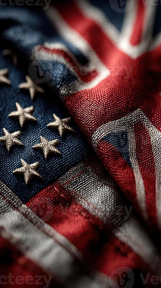 Detailed close-up of the American and British flags intertwined, showcasing their colors and patterns during a commemorative event photo